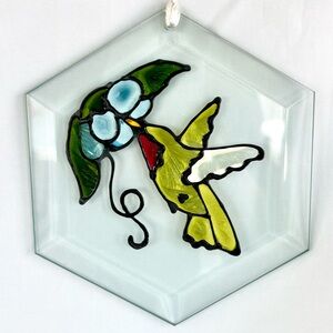 Hummingbird Glass Sun Catcher Painted On A Hexagon Beveled Glass NWOT